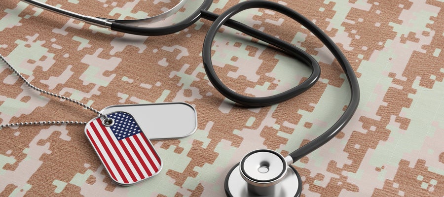 Stethoscope and dog tags on camo background