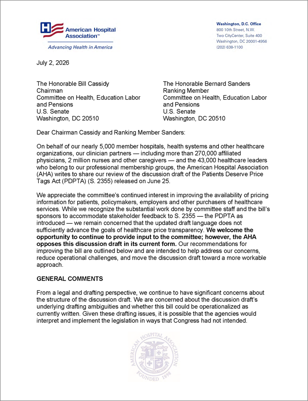 Cover Letter: AHA Comments on Senate HELP's Patients Deserve Price Tags Act