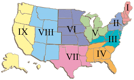 A color coded map of the United States coded by regions I - IX