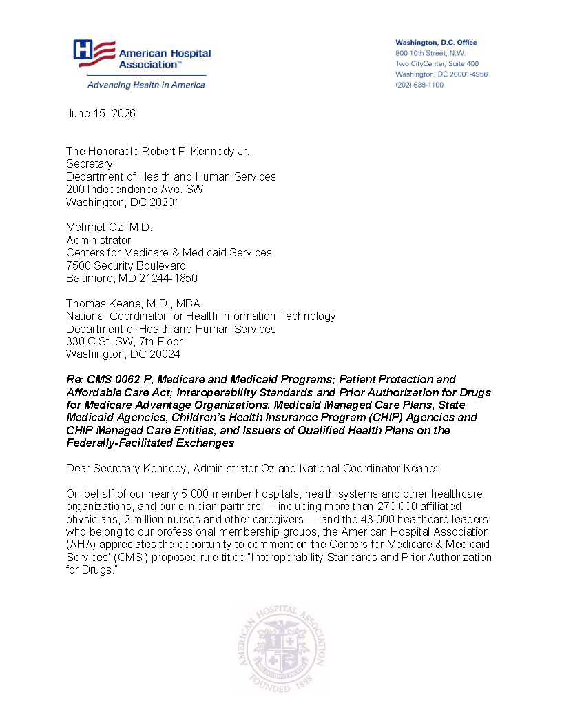 AHA Comments on CMS’ Interoperability and Prior Authorization Proposed Rule page 1.