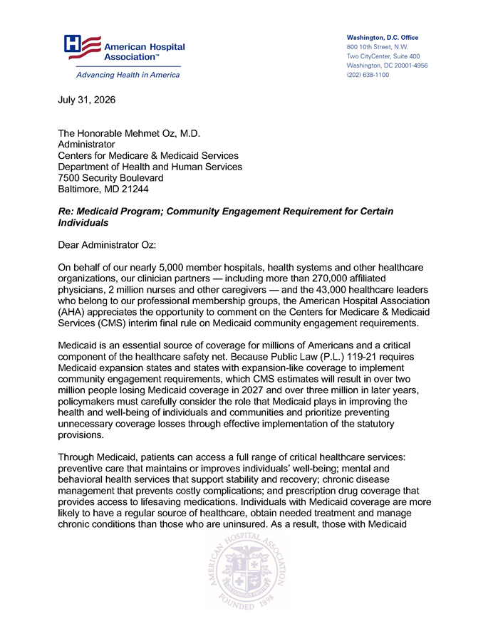 AHA Comments on CMS Medicaid Community Engagement Requirements Interim Final Rule
