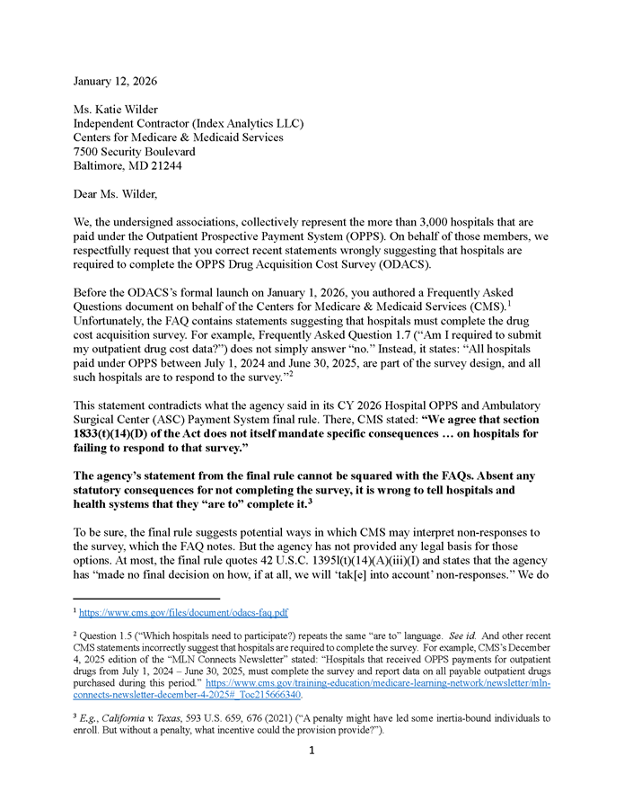 AHA, Other Groups: It’s Wrong to Tell Hospitals They ‘Are to’ Complete Drug Acquisition Cost Survey letter page 1.