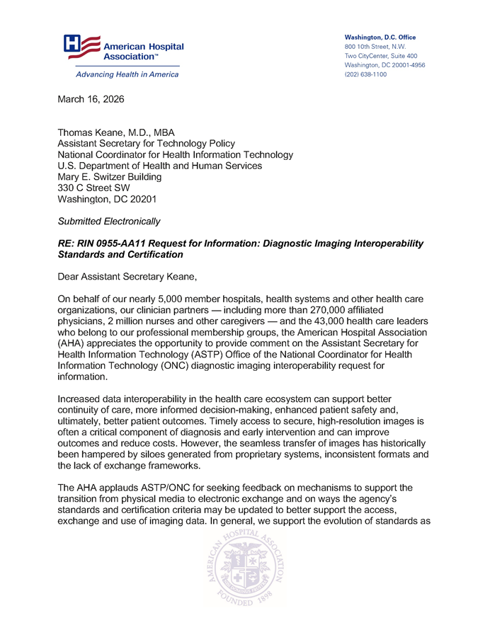 AHA Responds to ASTP/ONC RFI on Diagnostic Imaging Interoperability letter PDF