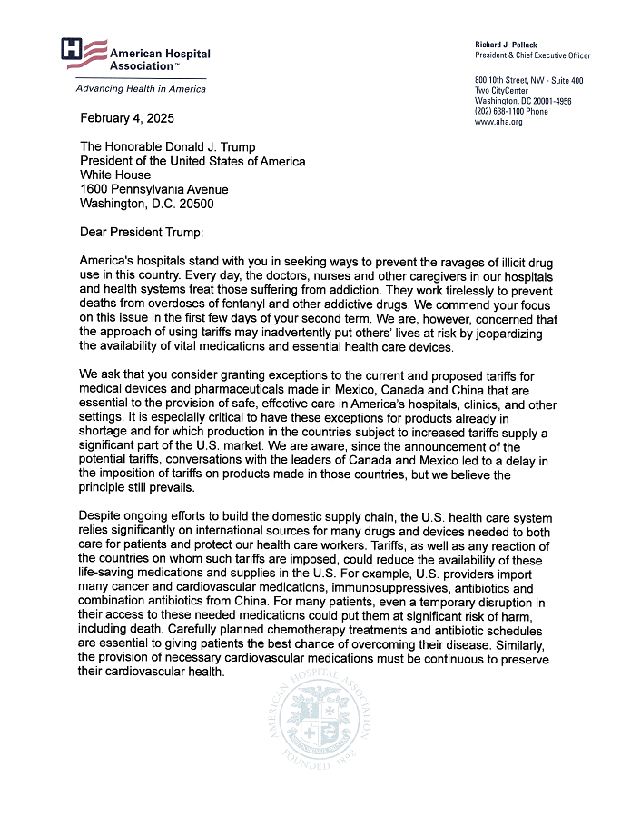 AHA Urges Administration to Grant Exceptions for Tariffs for Medications and Medical Supplies letter page 1.