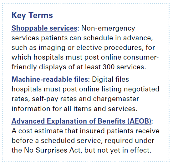 A list of key terms related to price transparency and this report. 