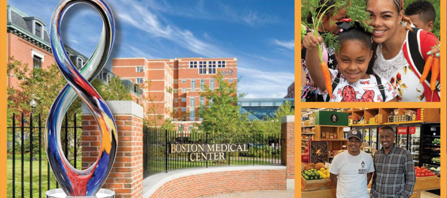 Boston Medical Center’s 5 Steps to Better Community Health. The Foster G. McGaw Prize overlaid on award-winner Boston Medical Center (BMC) Health System. A picture of the BMC community members picking carrots from the rooftop garden and community members at the health system-owned food pantries and teaching kitchens.